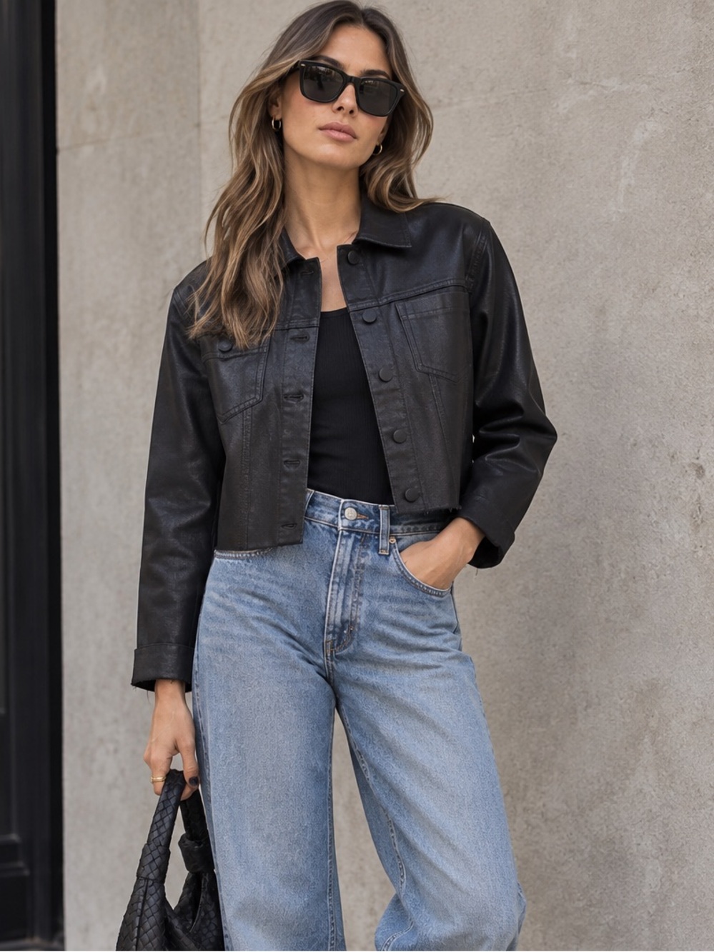 L'AGENCE Janelle Coated Trucker Jacket Saturated Black L NWOT